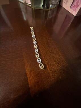 Two-Tone Puff Mariner Link Bracelet with Simulated Diamonds